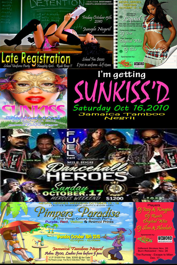 Heroes Weekend Negril - Late Registration - School Uniform Party at The Jungle - I'm getting Sunkiss'e at Jamaica Tamboo - Dancehall Queens at The Jungle, Pimper Paradise at Jamaica Tamboo, located on Norman Manley Boulevard, Negril, Jamaica - Negril Travel Guide.com - Your Internet Resource Guide to Negril Jamaica